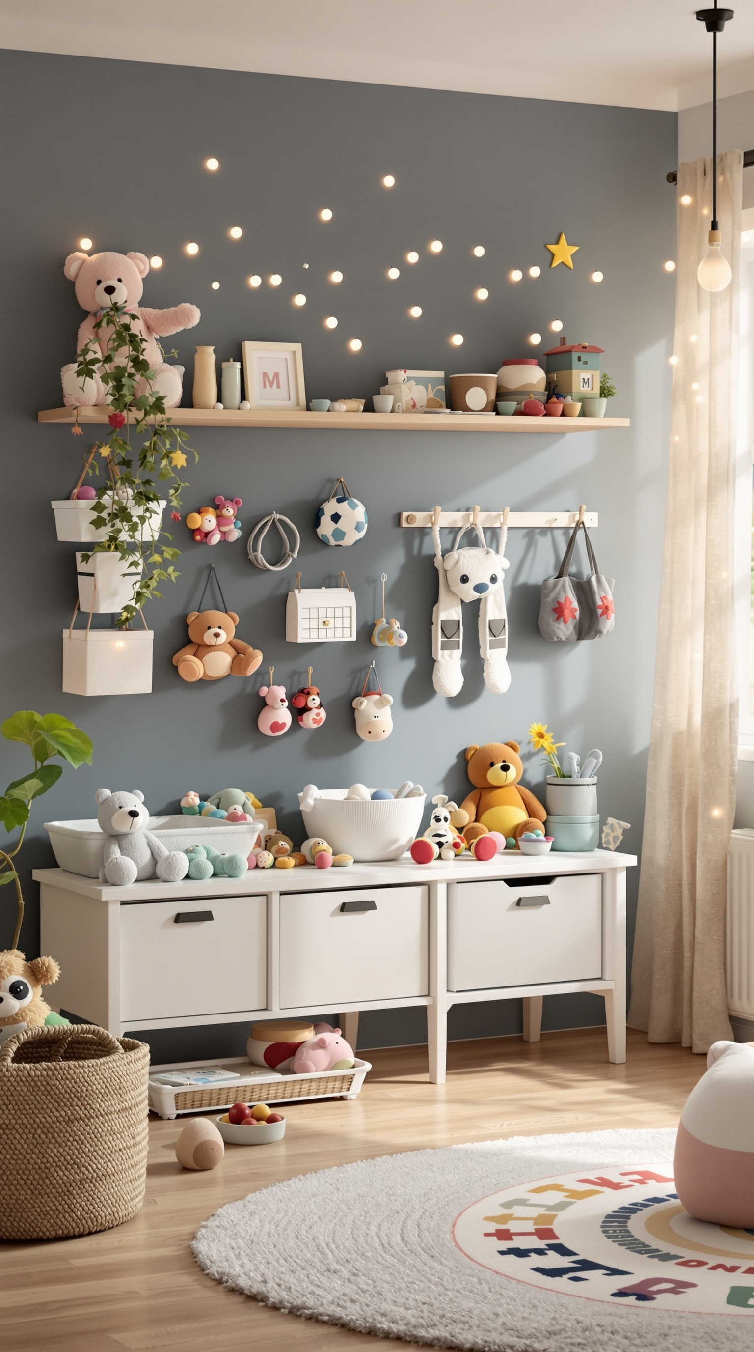 A well-organized toy room with magnetic storage for toys, featuring colorful decorations and a cozy atmosphere.