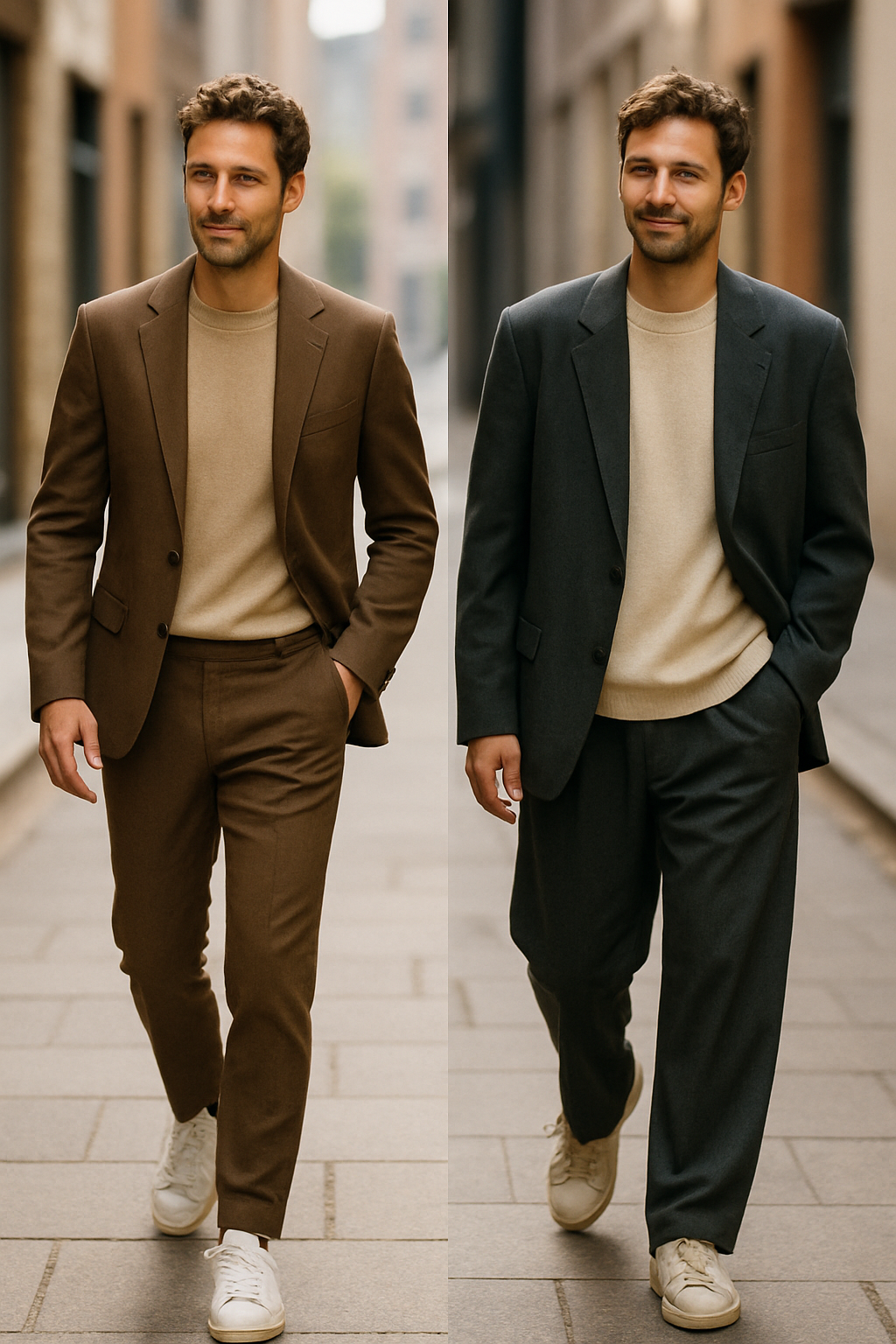 A man walking in a brown suit with white sneakers on one side and a dark gray suit with white sneakers on the other.