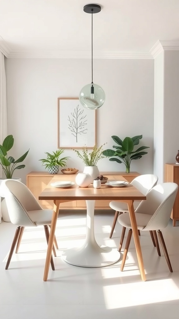 A small dining table with a modern design, surrounded by chairs and plants, showcasing a clean and organized space.