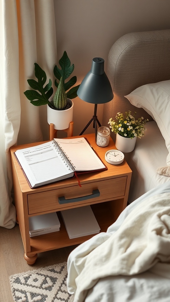 A neatly organized nightstand with a planner, lamp, clock, and plants.