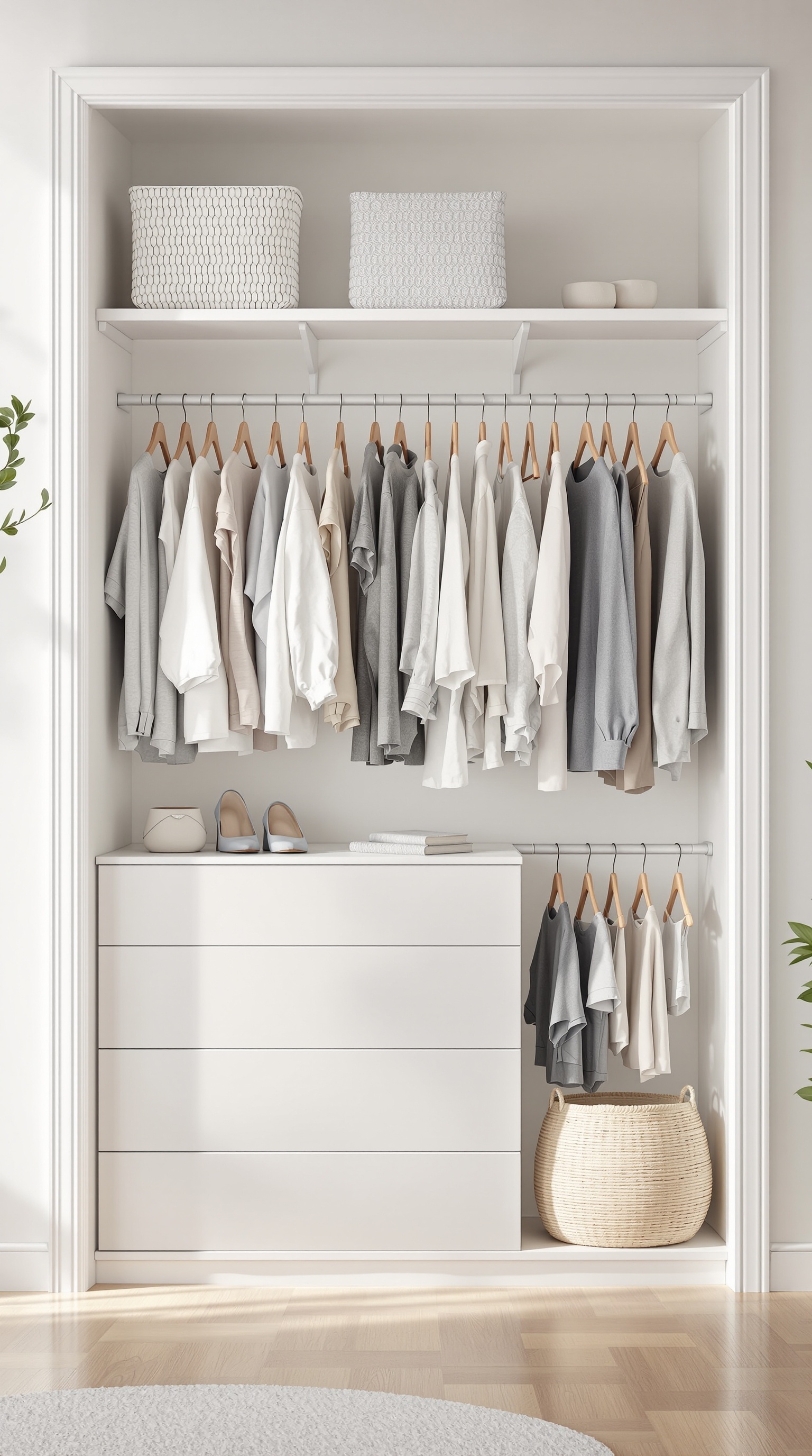 A minimalist toddler closet featuring neutral-colored clothing, organized storage, and a clean aesthetic.