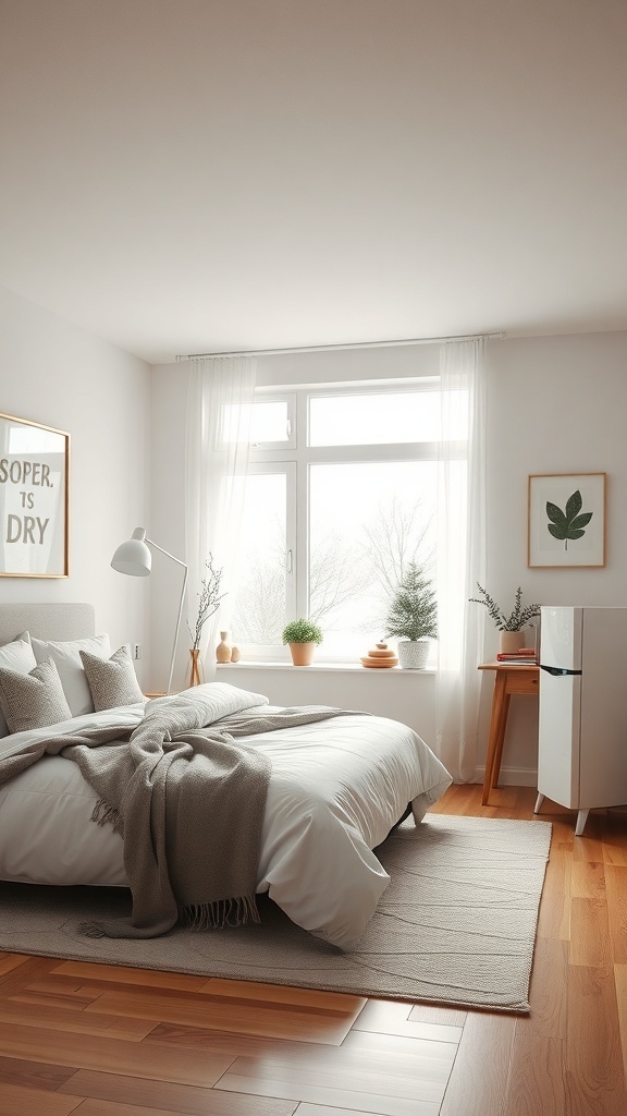 A cozy winter bedroom with a large window, soft bedding, and plants.