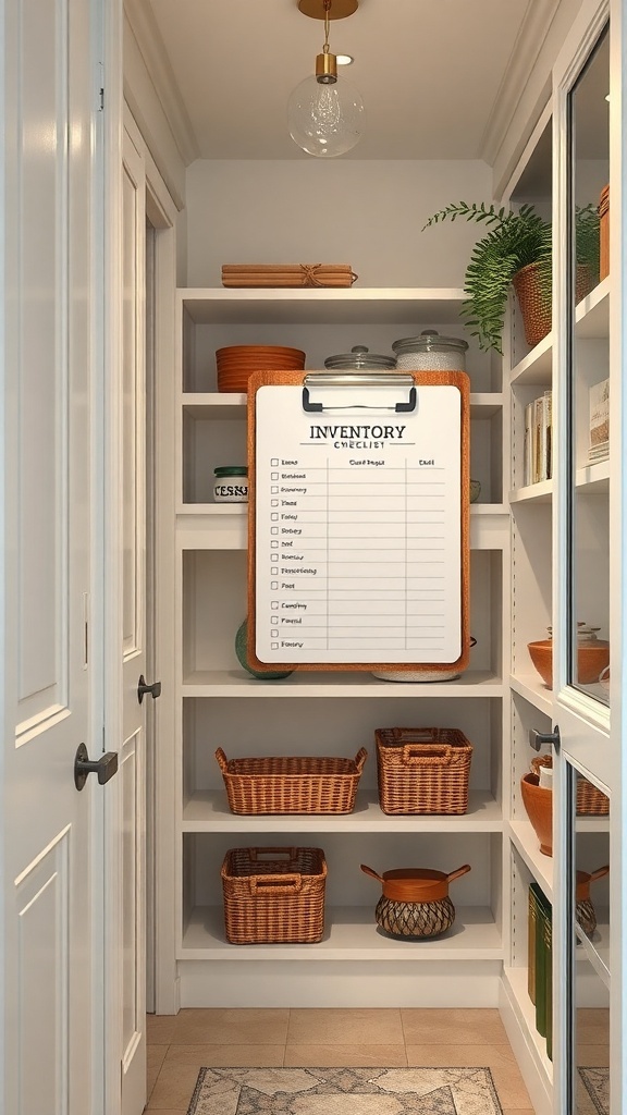A well-organized pantry with a clipboard displaying an inventory checklist.
