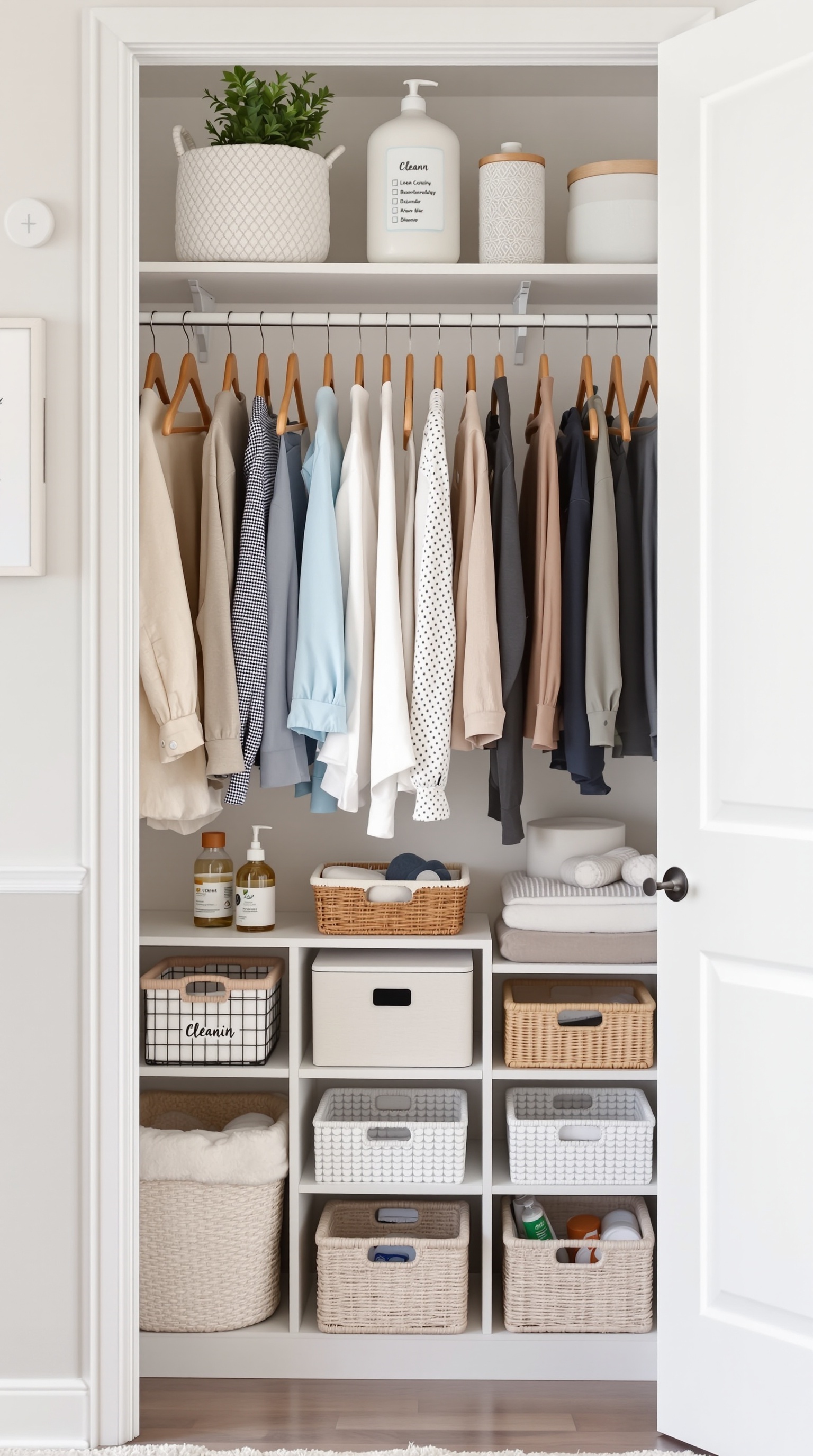 Organized baby closet with clothes, baskets, and storage solutions.