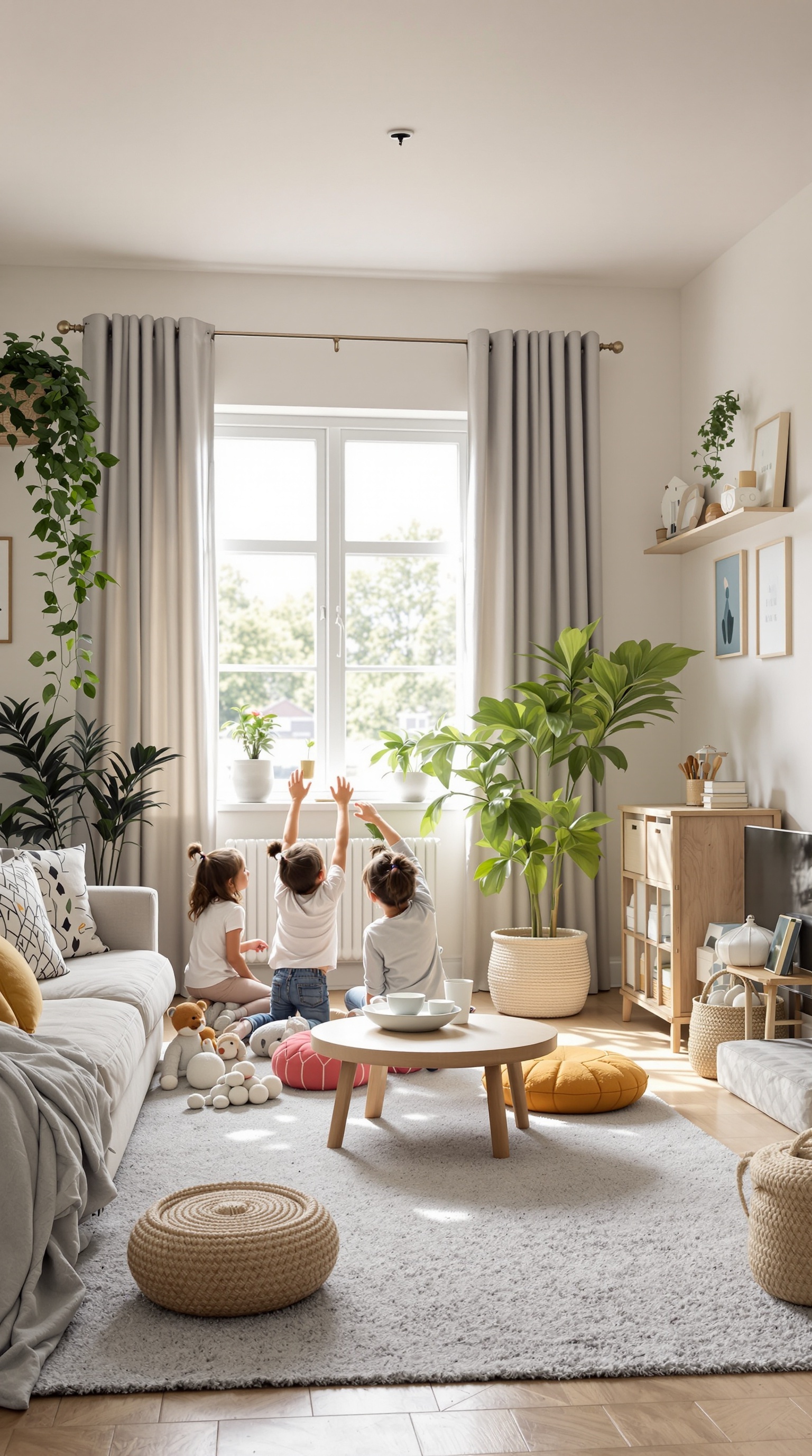 Three children reaching for something outside a window in a cozy, organized room with plants and toys.