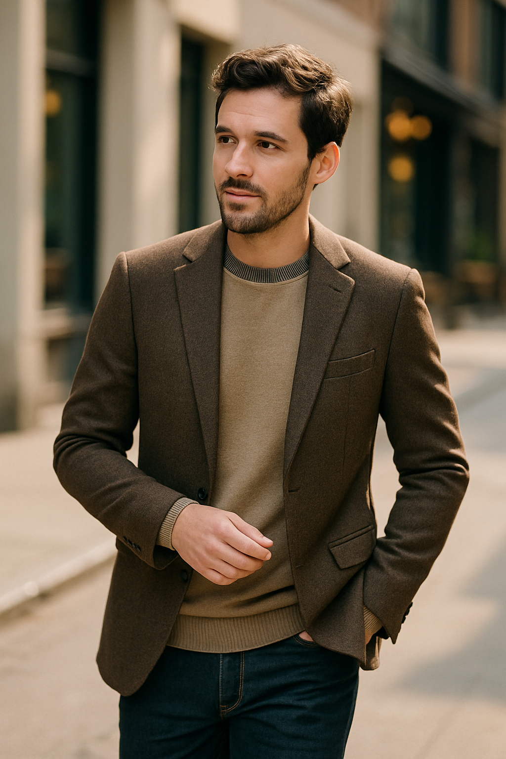 A man wearing a beige blazer with a sweater and denim jeans walking down the street.