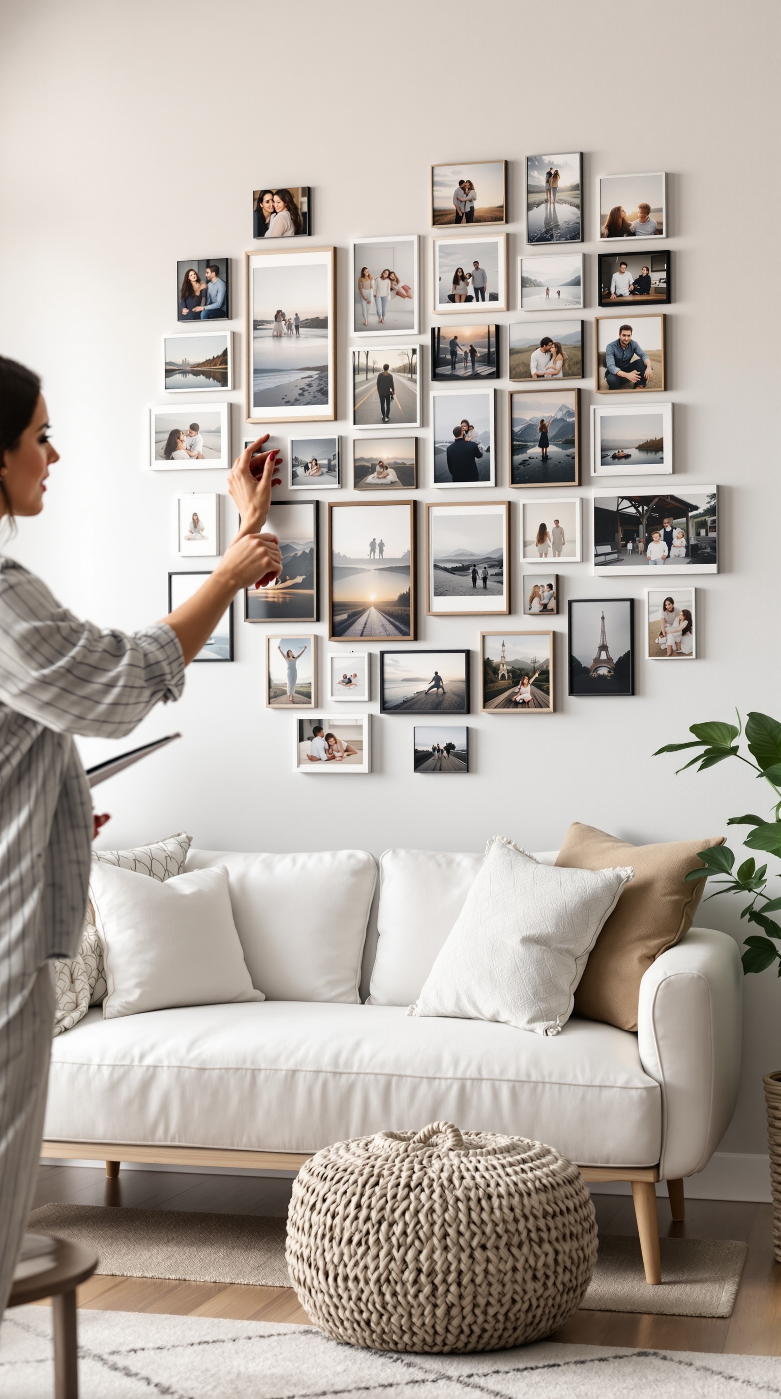 A person arranging family photos on a wall in a cozy living room.