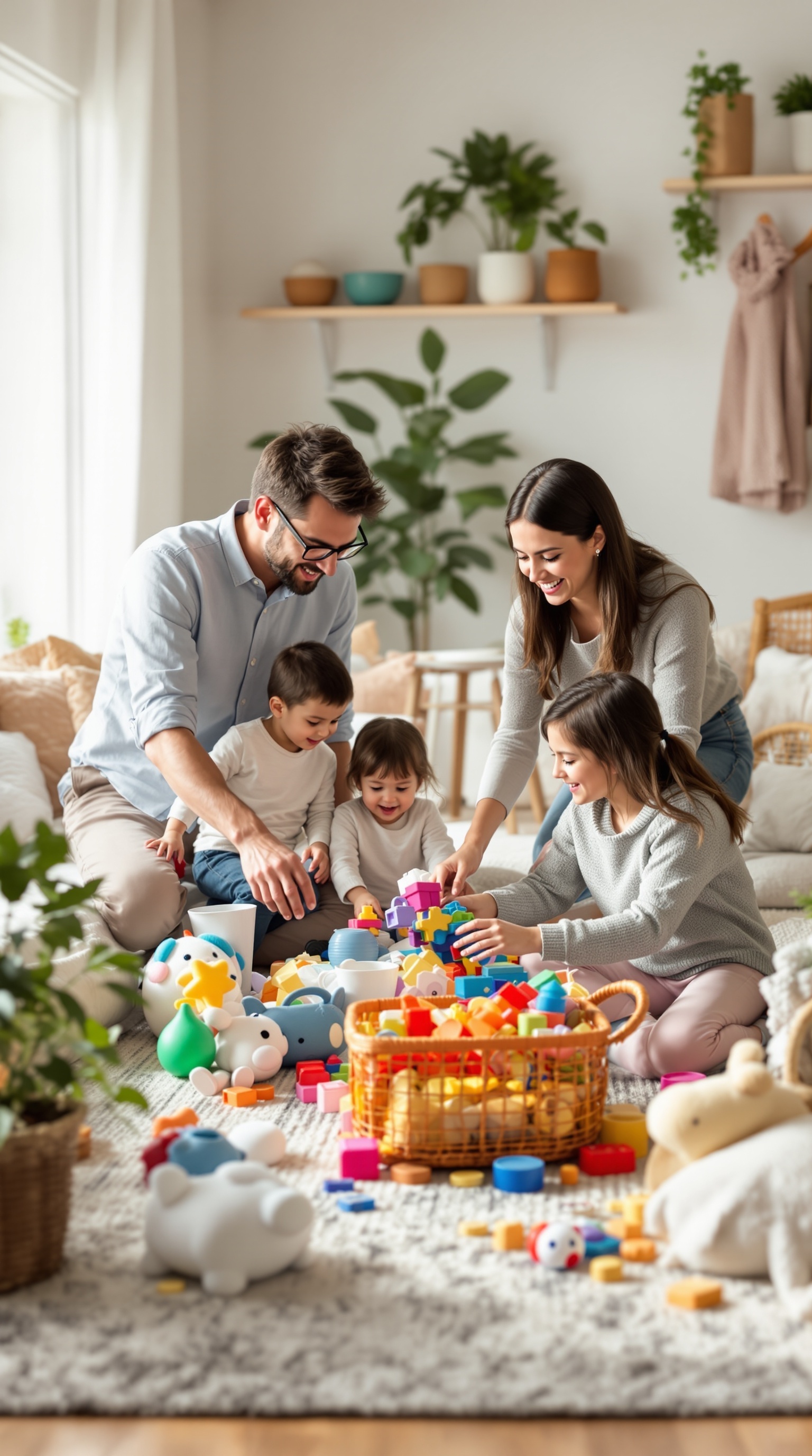 A family happily organizing toys together in a cozy living room.