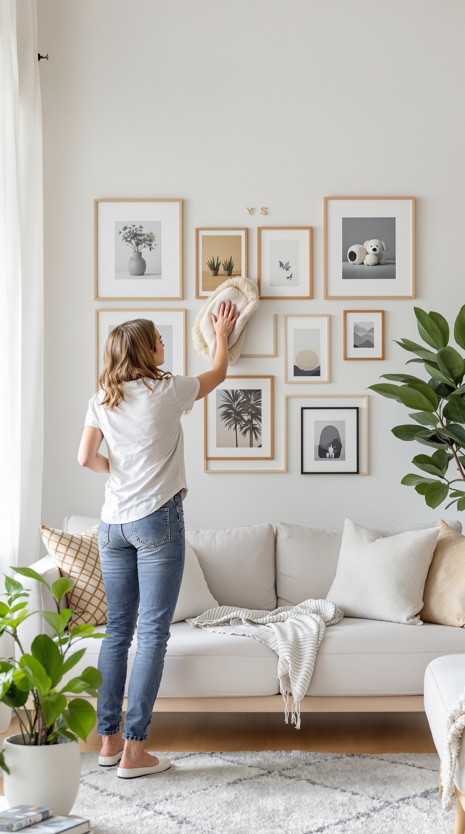 A woman cleaning a family gallery wall with framed pictures.
