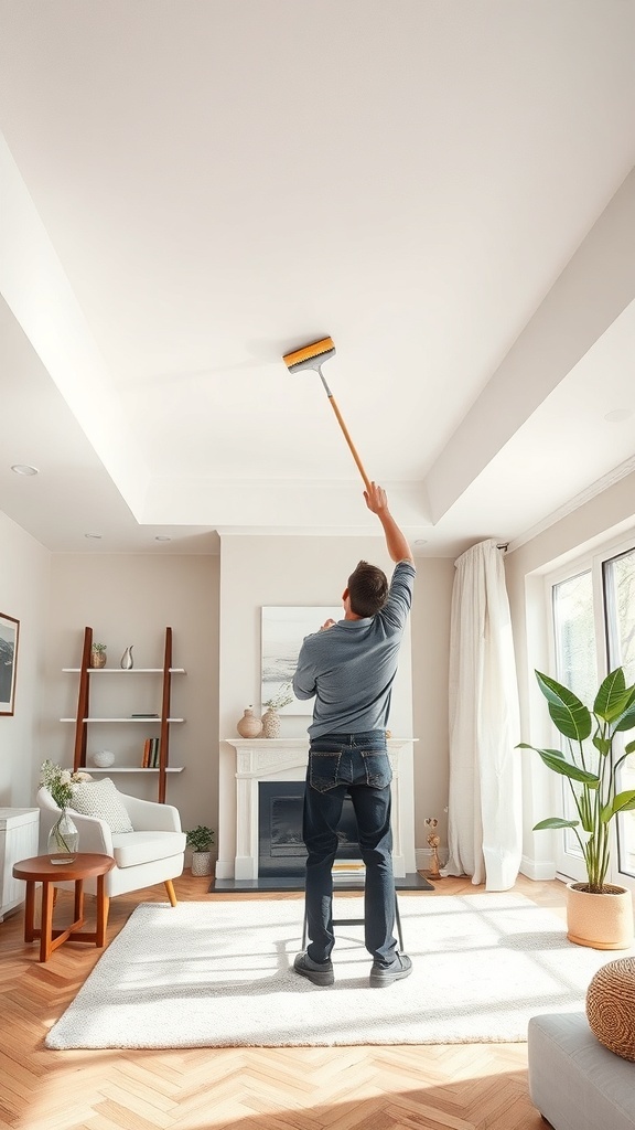 A person painting a ceiling using a roller to maintain a modern and clean look.