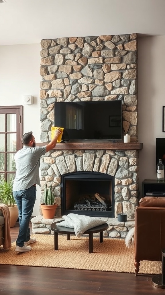 A person cleaning a rustic stone fireplace in a cozy living room.