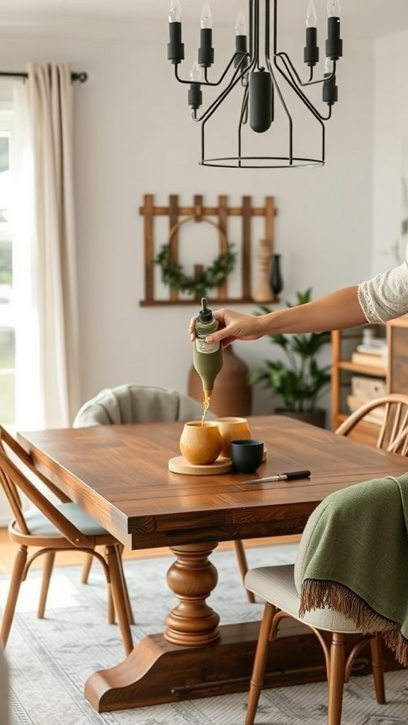 A rustic dining table with a person pouring oil into a bowl, showcasing a cozy dining setup