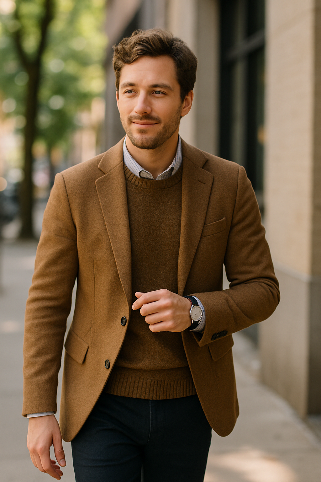 A well-dressed man walking confidently in a stylish outfit, showcasing the importance of maintaining suit shoes.