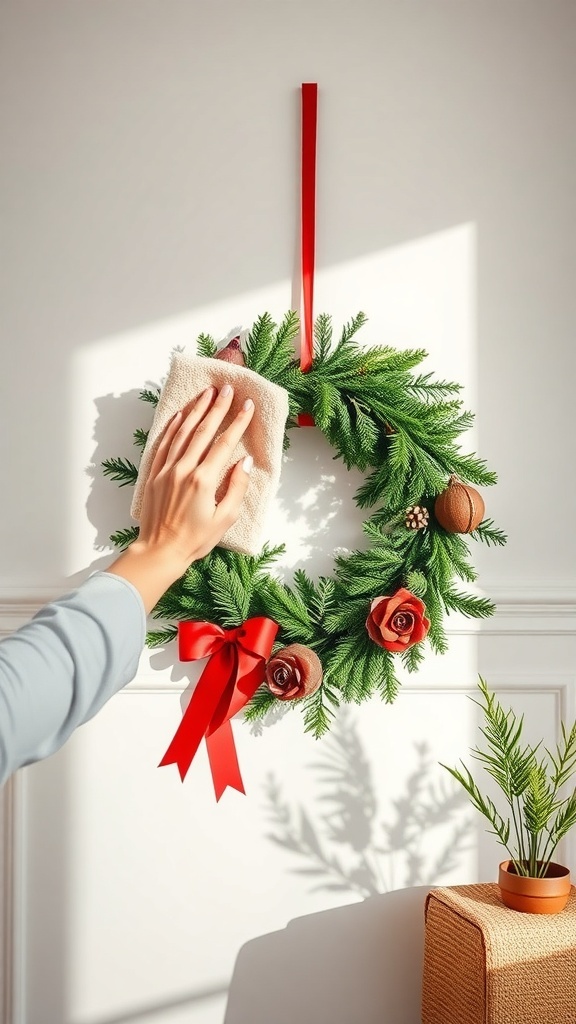 A person cleaning an ornament wreath with a cloth, showcasing a festive decoration.