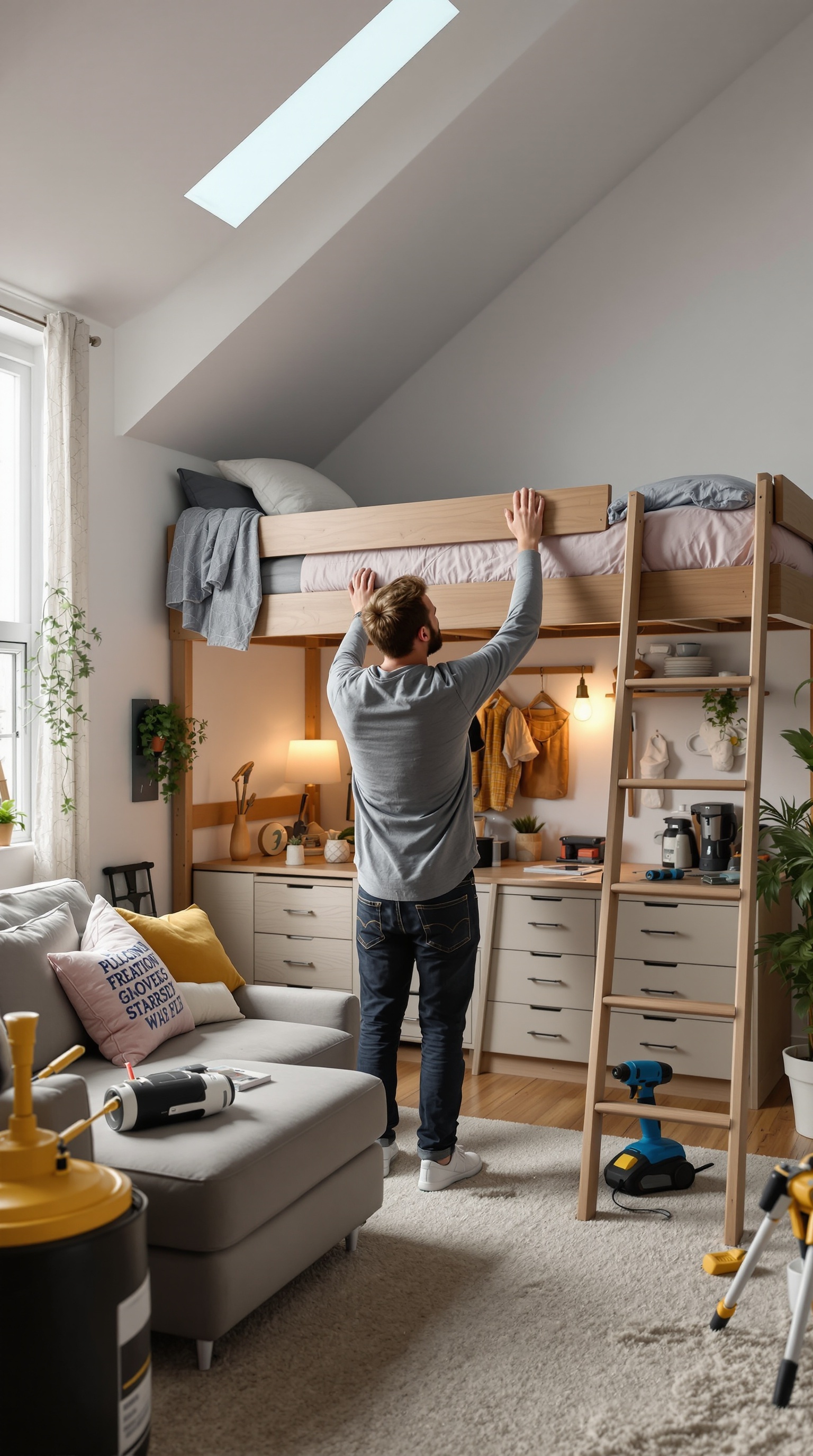 A person inspecting a DIY loft bed in a cozy room, emphasizing maintenance and safety.