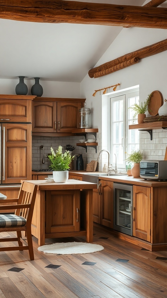 A rustic kitchen with wooden cabinets, a small island, and natural light.