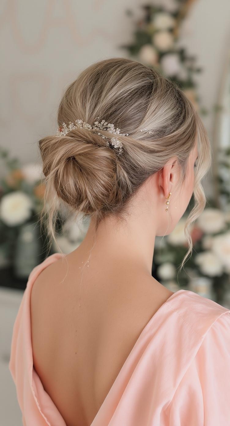 A bridesmaid with a messy bun hairstyle adorned with hair accessories, wearing a pink dress.