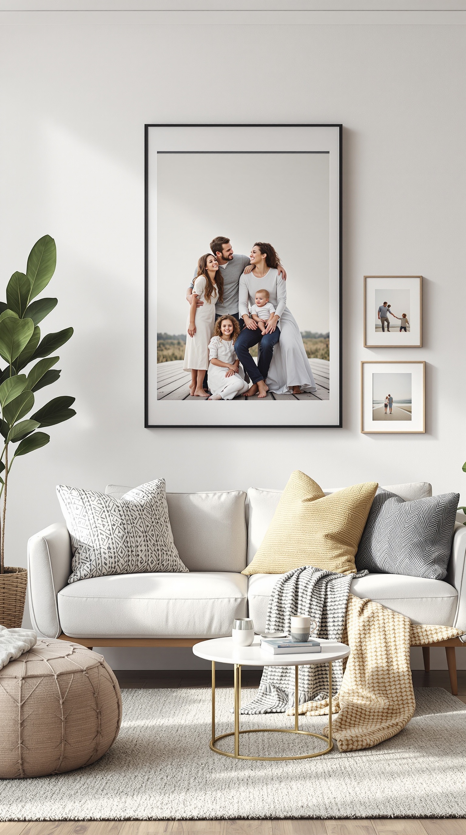 A large family photo framed on the wall above a cozy couch, surrounded by smaller framed pictures.