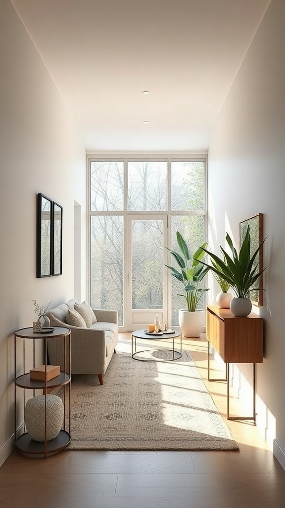A bright hallway with large windows, plants, and light-colored furniture.