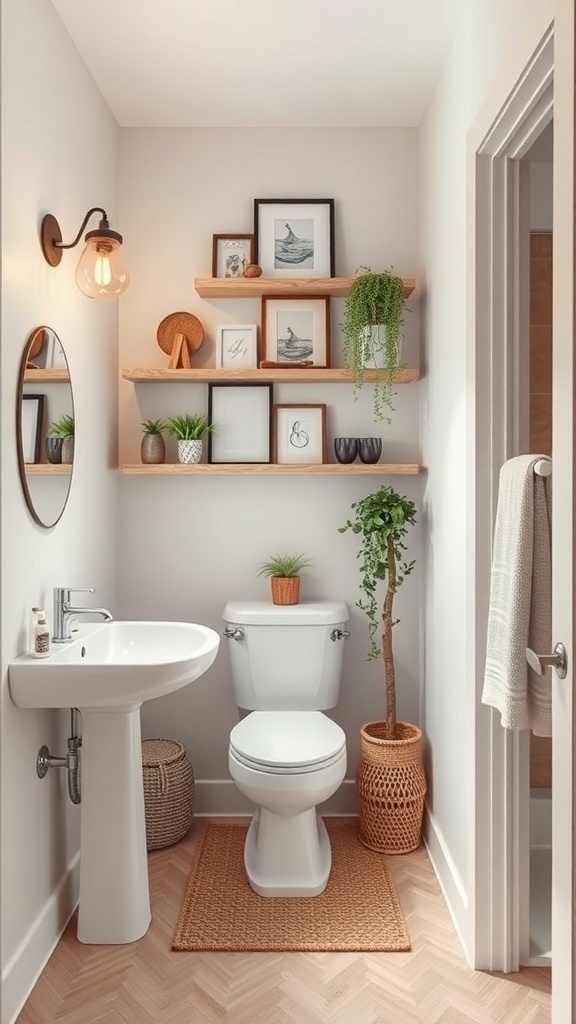 A small half bathroom featuring vertical shelves with decor and plants, a round mirror, and a clean, modern design.