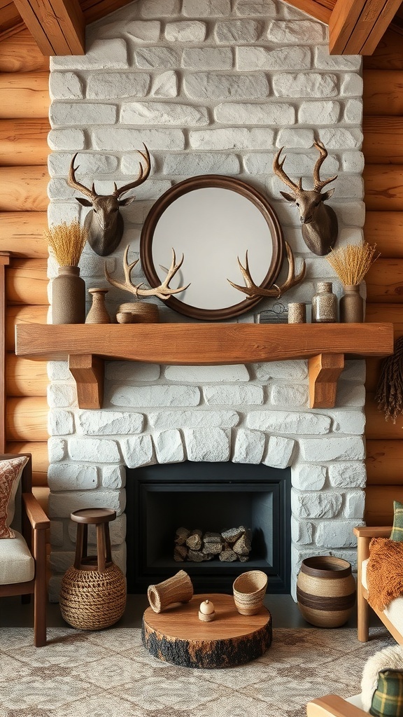 A rustic fireplace mantel decorated with antlers, a mirror, and natural elements.