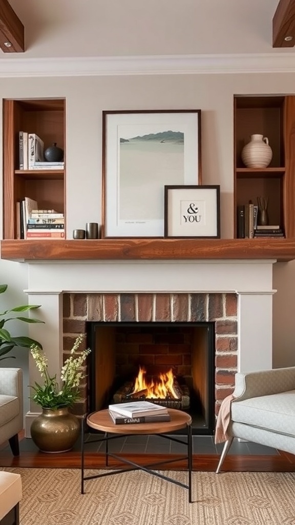 A rustic fireplace mantel with built-in shelves displaying books and decorative items, creating a cozy atmosphere.