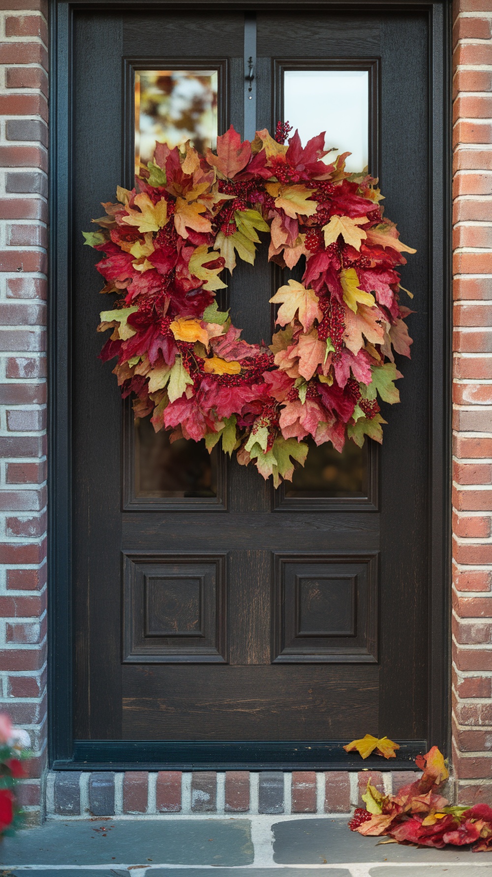 A vibrant maple leaf and berry wreath hanging on a dark door, showcasing fall colors.