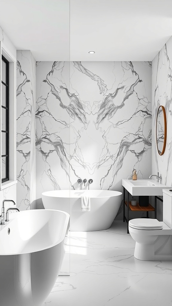 A modern bathroom featuring a marble accent wall, sleek bathtub, and contemporary fixtures.
