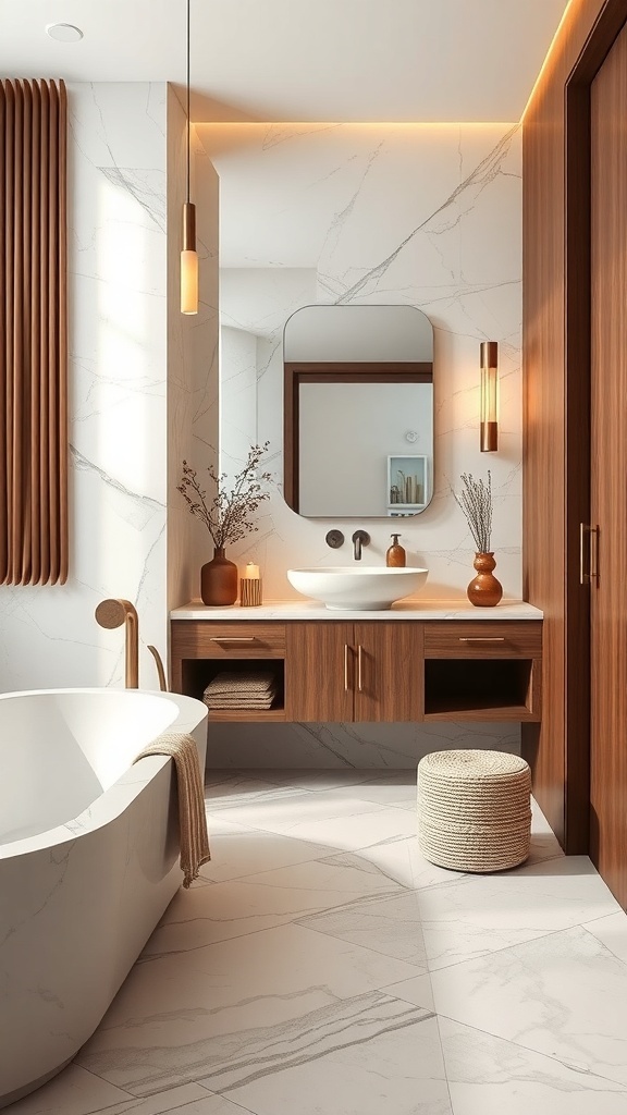 A modern bathroom featuring marble walls and floor with wooden cabinetry and accents.