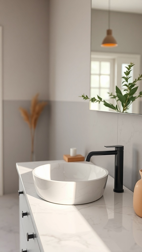 A modern bathroom featuring a round white marble sink on a marble countertop with a black faucet and minimal decor.