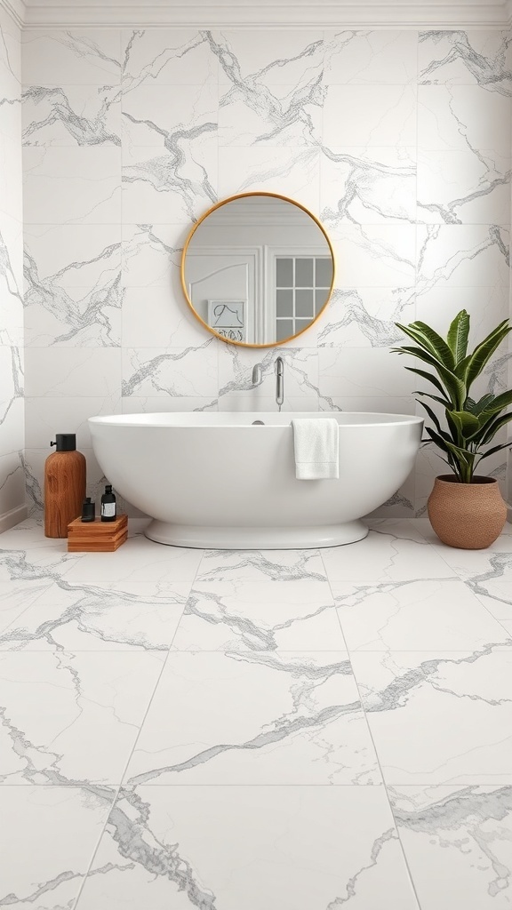A modern bathroom featuring marble tiles with gray veining, a round mirror, a white bathtub, and a potted plant.