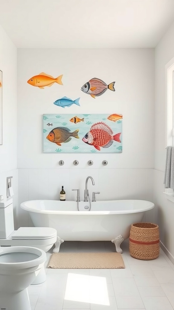A coastal bathroom featuring marine life wall art with colorful fish on the walls.
