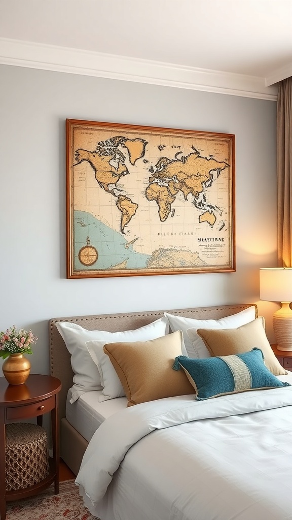 A vintage maritime map framed and hanging above a bed, adding a coastal touch to the room.