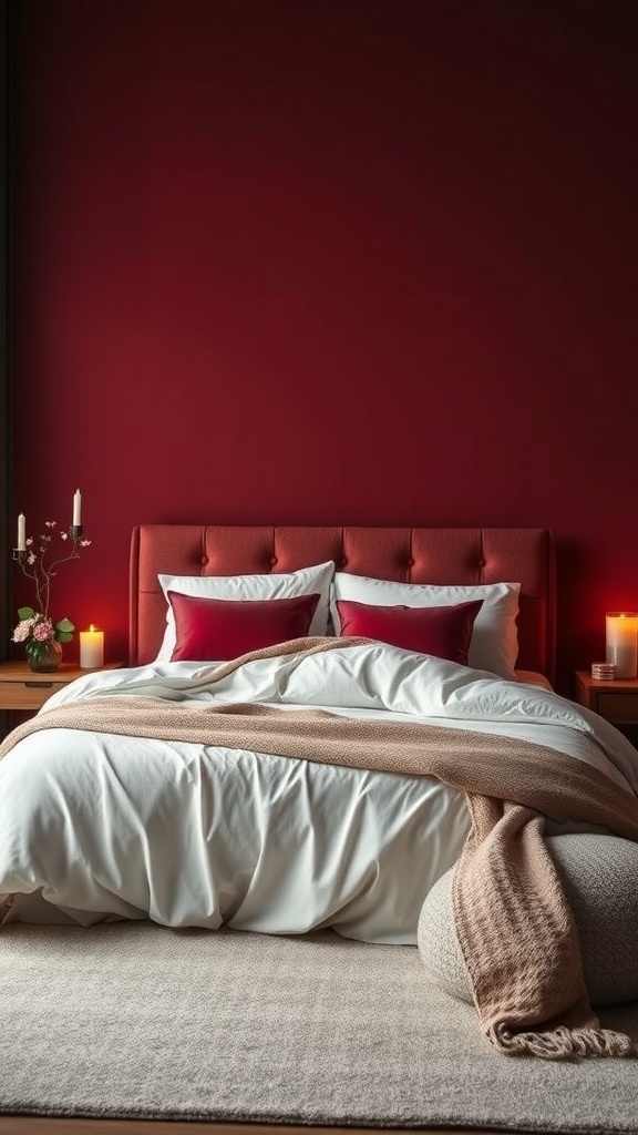 A cozy maroon bedroom featuring a plush bed with white linens and maroon accent pillows, soft lighting from candles, and a warm rug.