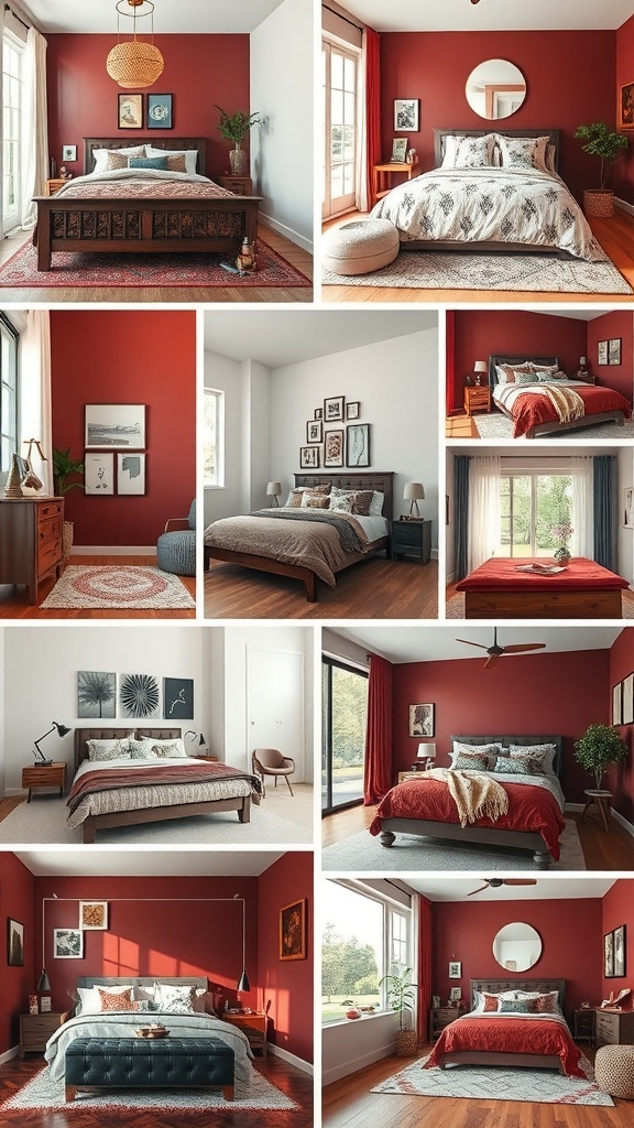 A collage of maroon bedroom designs showcasing different styles and decor elements.