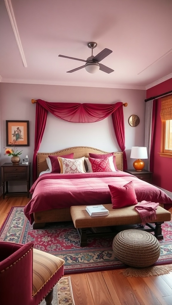 A cozy maroon bedroom featuring a bed with maroon bedding, decorative pillows, a wooden bench, and warm lighting.