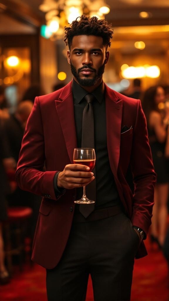 A man in a maroon blazer holding a drink at an evening event.