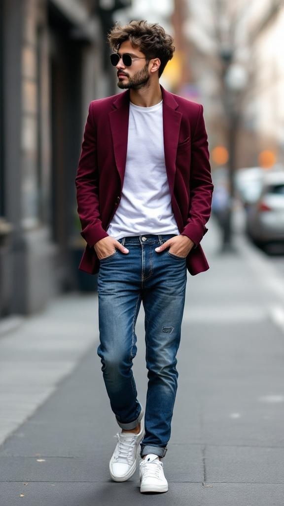 A man wearing a maroon blazer over a white t-shirt and denim jeans, walking casually on the street.