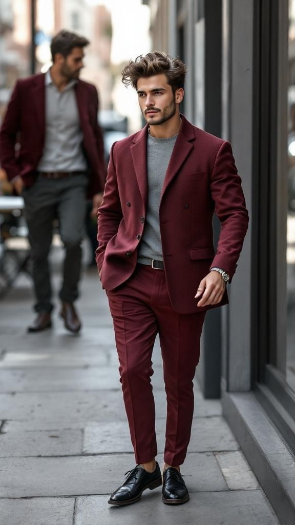 A stylish man wearing a maroon suit with a gray shirt and black shoes, walking confidently.