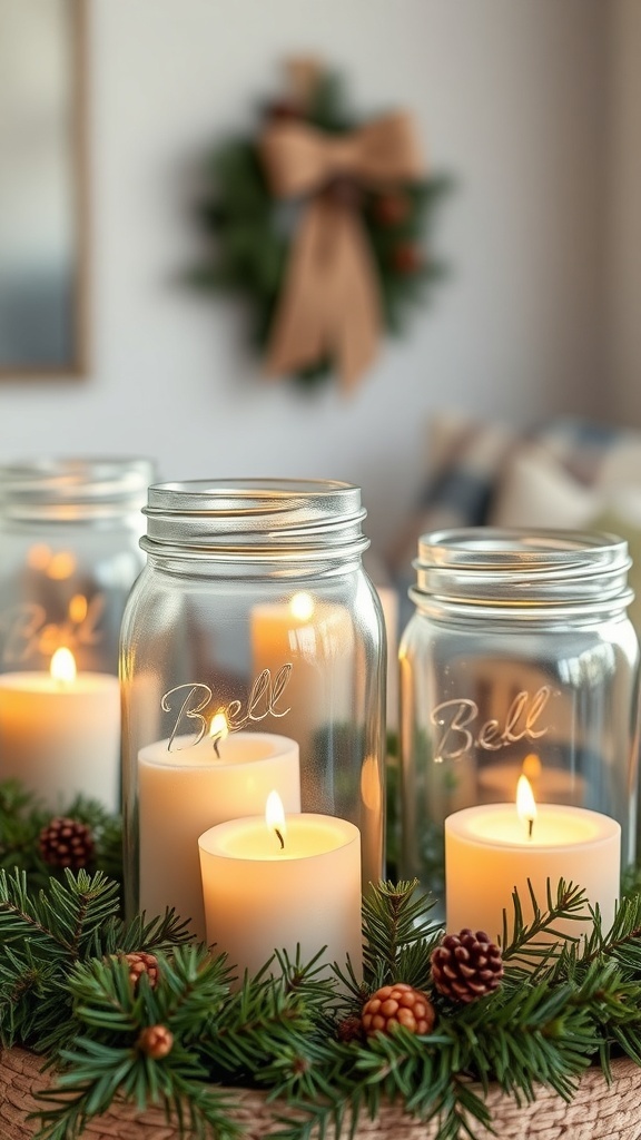 Mason jars with candles surrounded by greenery and pinecones for rustic Christmas decor