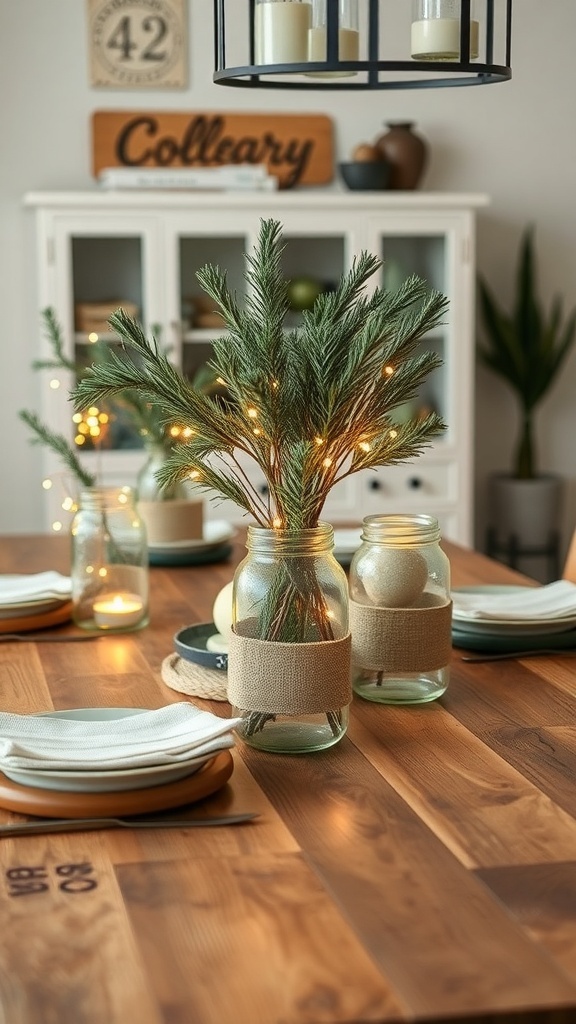 Mason jar centerpieces with pine branches and lights on a wooden table