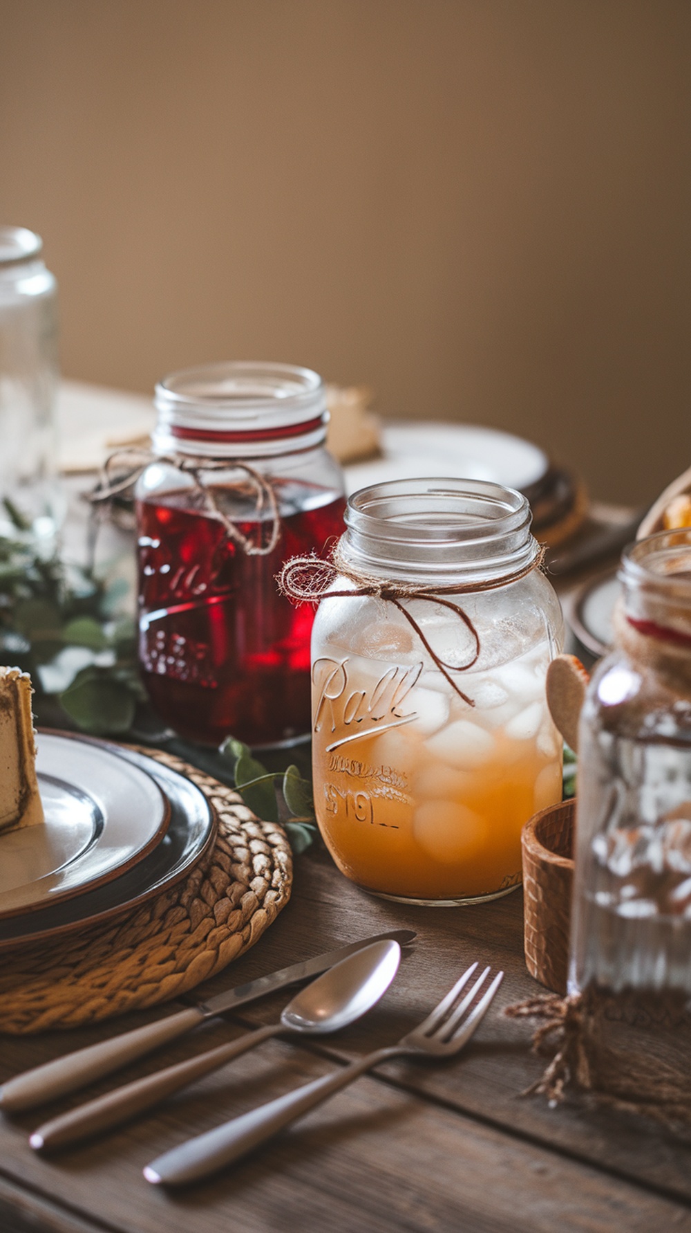 A rustic Thanksgiving table setting featuring mason jars filled with drinks, twine accents, and a cozy atmosphere.