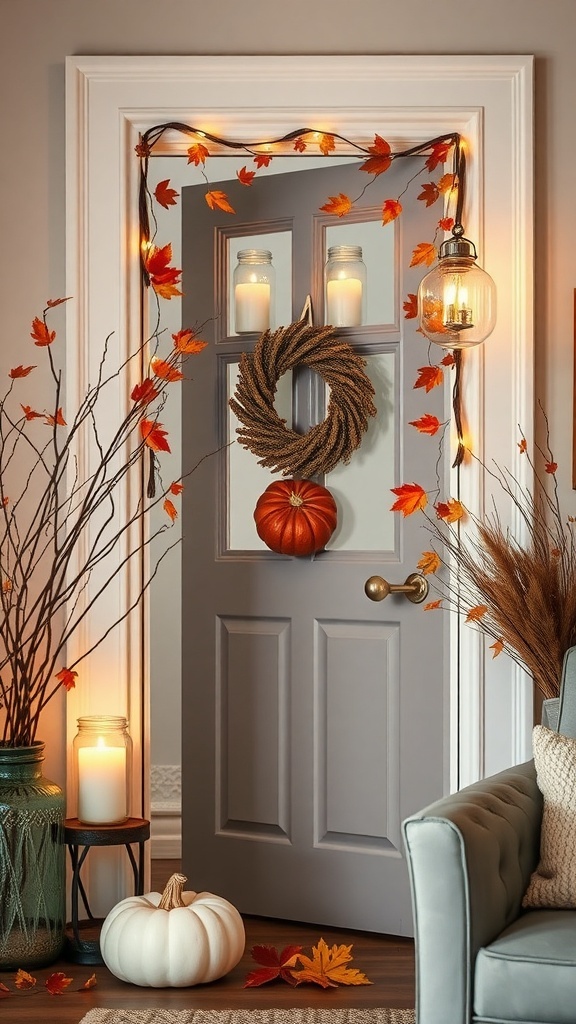 A beautifully decorated door with mason jar lanterns, autumn leaves, and a pumpkin.