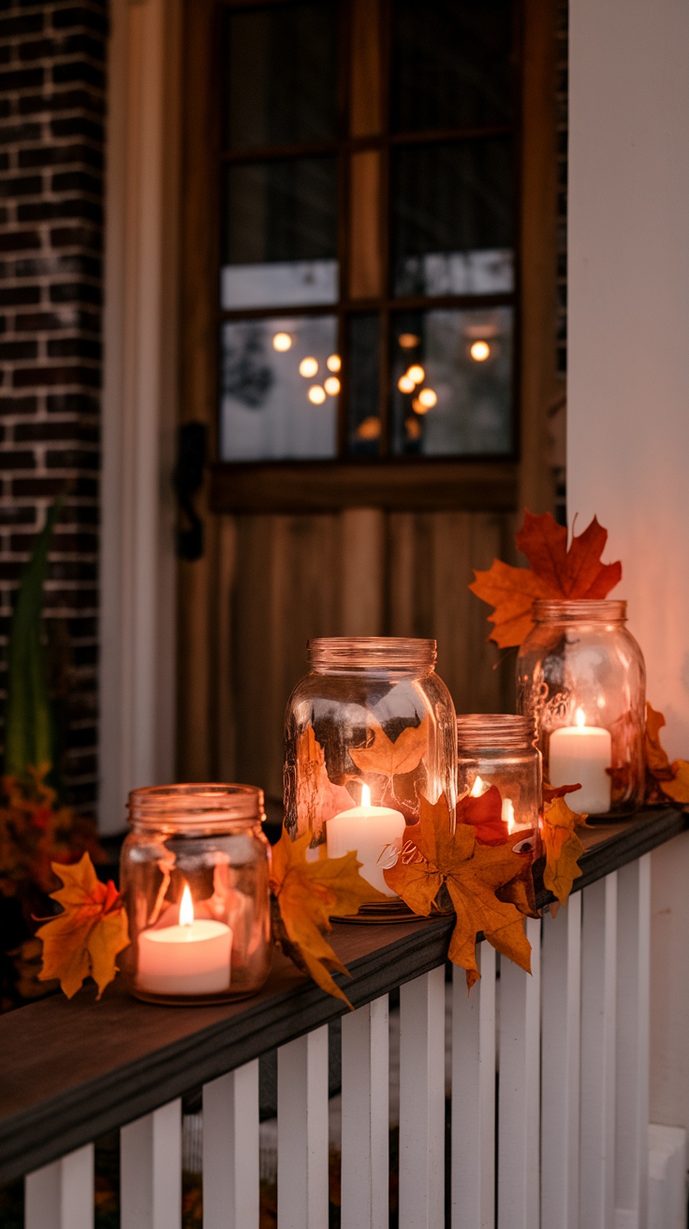 Mason jars with candles and autumn leaves on a porch railing