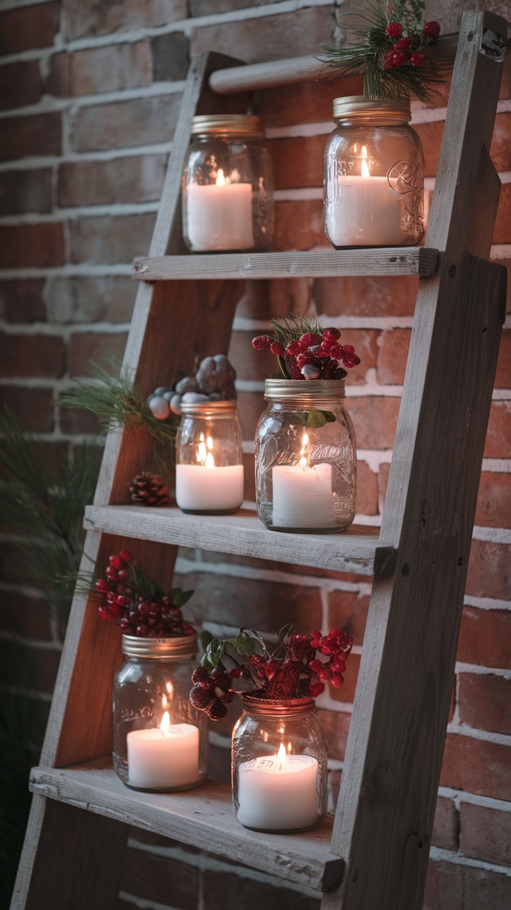 Mason jar lanterns with candles and natural decorations on a wooden ladder against a brick wall