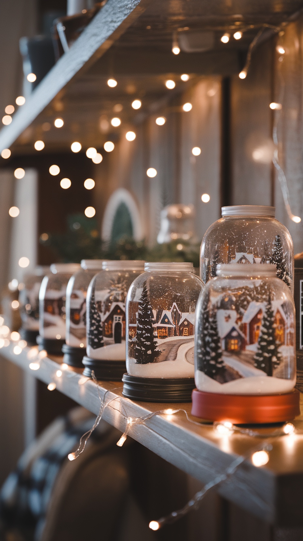 A row of mason jar snow globes with winter scenes inside, illuminated by fairy lights.