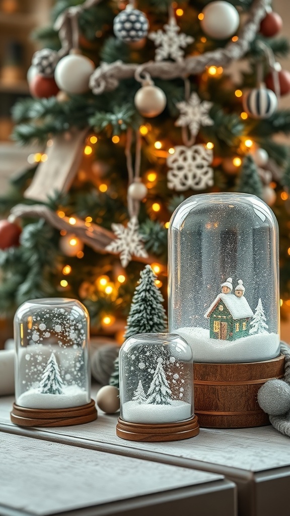 Mason jar snow globes with snowy scenes and a Christmas tree in the background