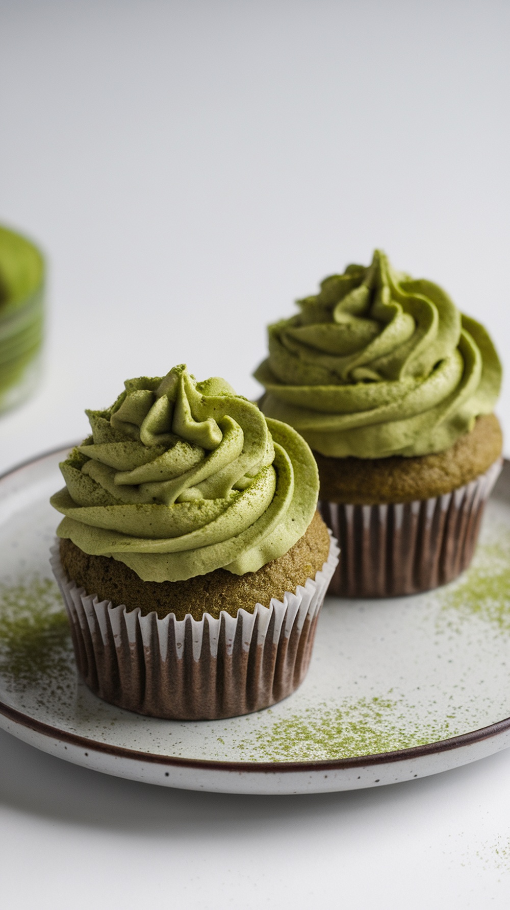 Two matcha green tea cupcakes with swirled green frosting on a plate.