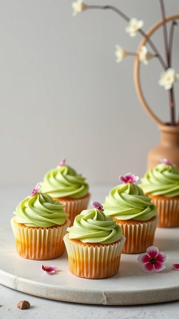 Delicious matcha green tea cupcakes with vibrant green frosting and floral decorations