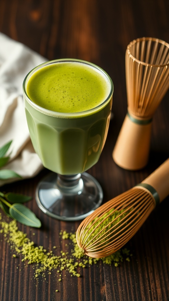 A glass of frothy matcha green tea latte with a traditional whisk and matcha powder on a wooden surface.